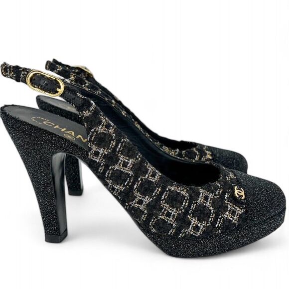 Authentic CHANEL Black CC Logo Cap Toe Block Heel Slingback Sandals Size… - Picture 5 of 16